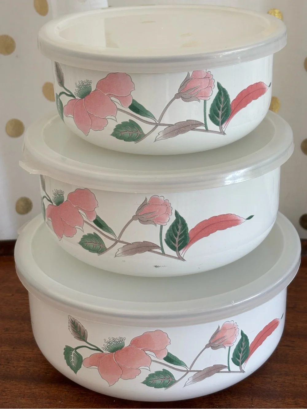 Vintage Mikasa Silk Flowers 3 Piece Metal Nesting Bowls/Lids Pink/Green Floral